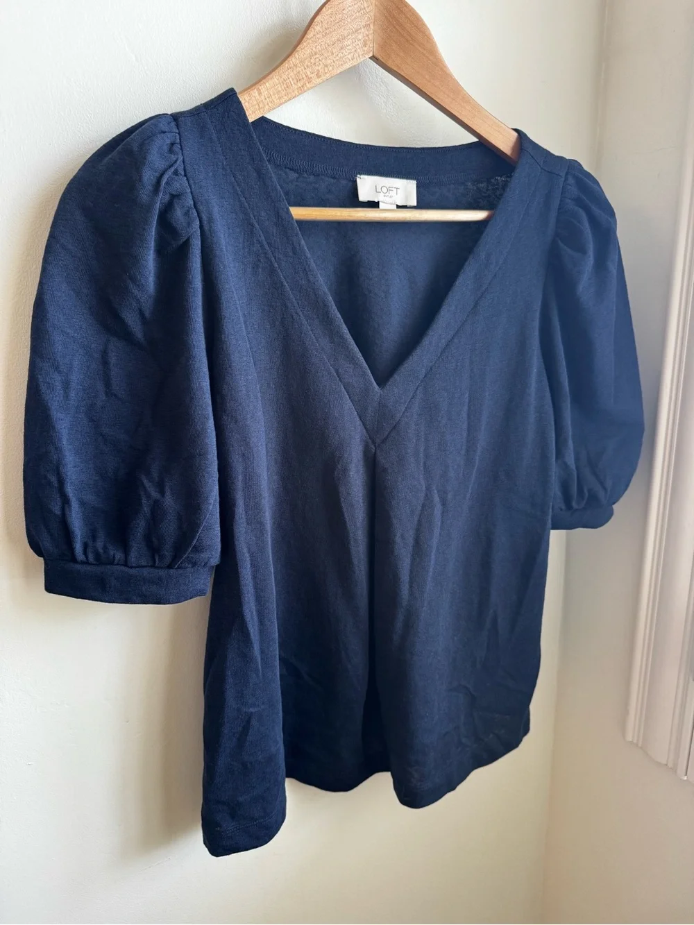 LOFT Navy Puff Sleeve V-Neck Blouse